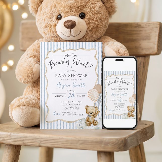 We Can Bearly Wait Teddy Bear Blue Baby Boy Shower Einladung (We Can Bearly Wait teddy bear watercolor blue bow & beige ribbon digital baby boy shower invitation)