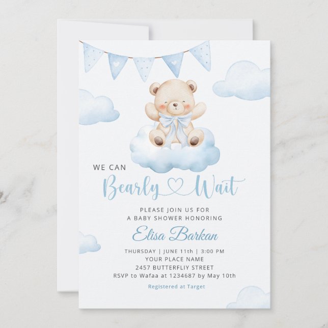 We Can Bearly Wait Teddy Bear Boy Baby Shower Einladung (Vorderseite)