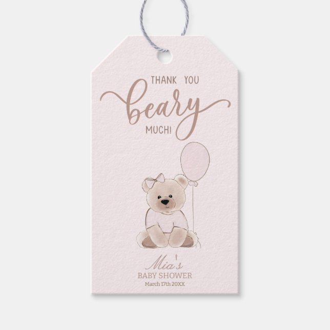 We Can Bearly Wait Teddy Bear Pink Baby Shower Geschenkanhänger (Vorderseite)