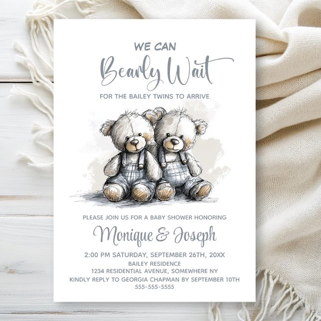 We Can Bearly Wait Teddy Bear Twins Baby Shower Einladung (Von Creator hochgeladen)