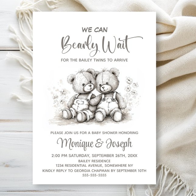 We Can Bearly Wait Teddy Bear Twins Baby Shower Einladung (Von Creator hochgeladen)