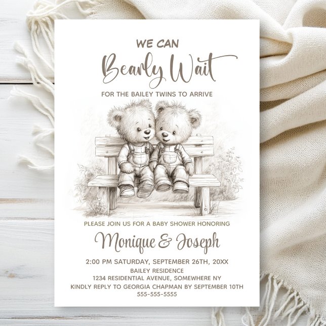 We Can Bearly Wait Teddy Bear Twins Baby Shower Einladung (Von Creator hochgeladen)