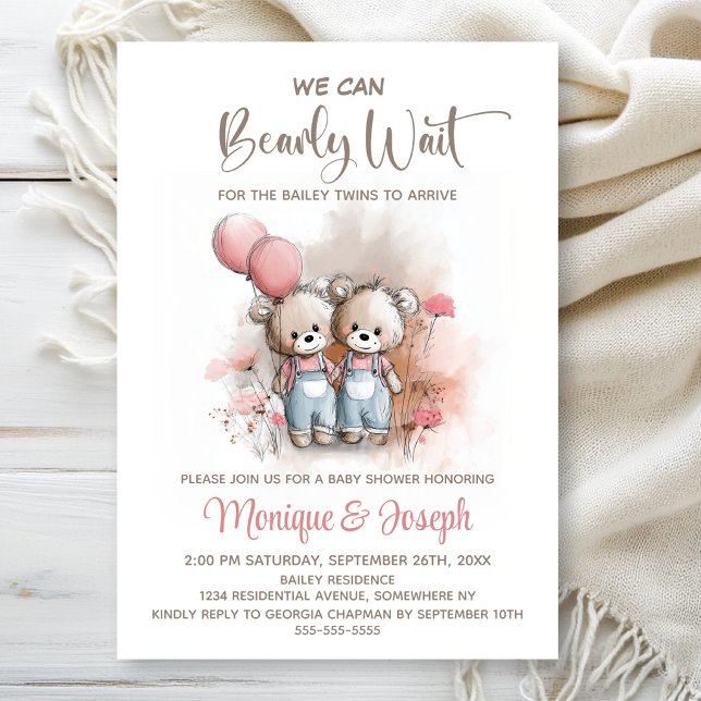 We Can Bearly Wait Teddy Bear Twins Baby Shower Einladung (Von Creator hochgeladen)