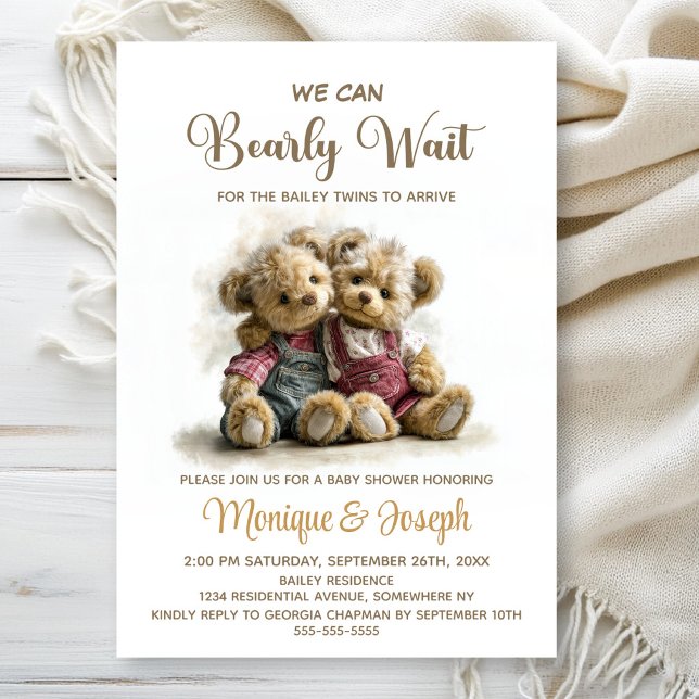 We Can Bearly Wait Twin Teddy Bears Baby Shower Einladung (Von Creator hochgeladen)