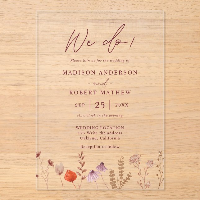 We Do! Boho Botanical Rustic Wildflower Wedding Acryleinladungen (Vorderseite)