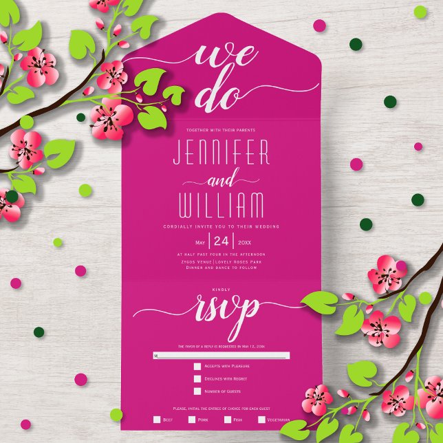 "We do" magenta rosa Skript-Kalligrafie Hochzeit All In One Einladung (Von Creator hochgeladen)