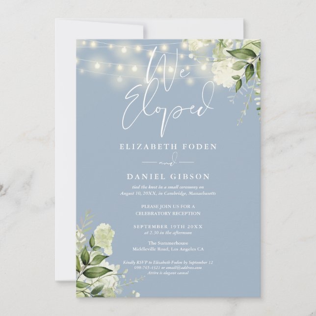 We Eloped Dusty Blue Wedding Vows Greenery Party Einladung (Vorderseite)