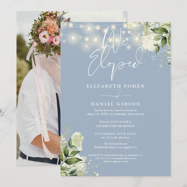 We Eloped Greenery Dusty Blue Photo Wedding Party Einladung (Vorne/Hinten)