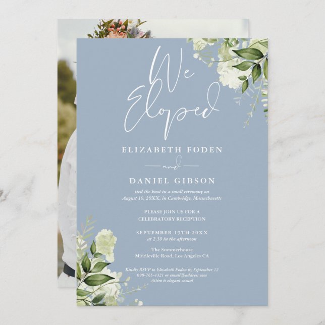 We Eloped Greenery Dusty Blue Photo Wedding Party Einladung (Vorne/Hinten)
