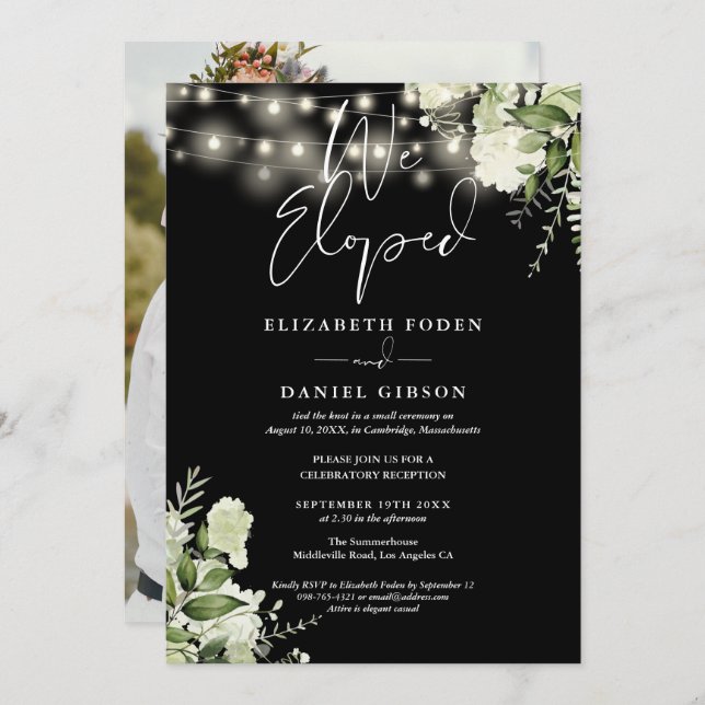 We Eloped Greenery Floral Photo Wedding Party Einladung (Vorne/Hinten)