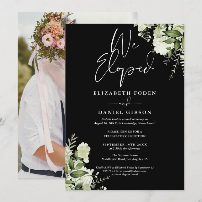 We Eloped Greenery Floral Photo Wedding Party Einladung (Vorne/Hinten)
