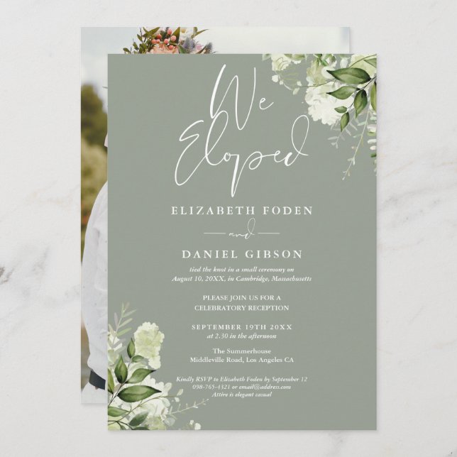 We Eloped Greenery Sage Green Photo Wedding Party Einladung (Vorne/Hinten)