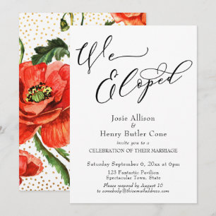 We Eloped Reception, Red Poppies Gold Confetti Einladung