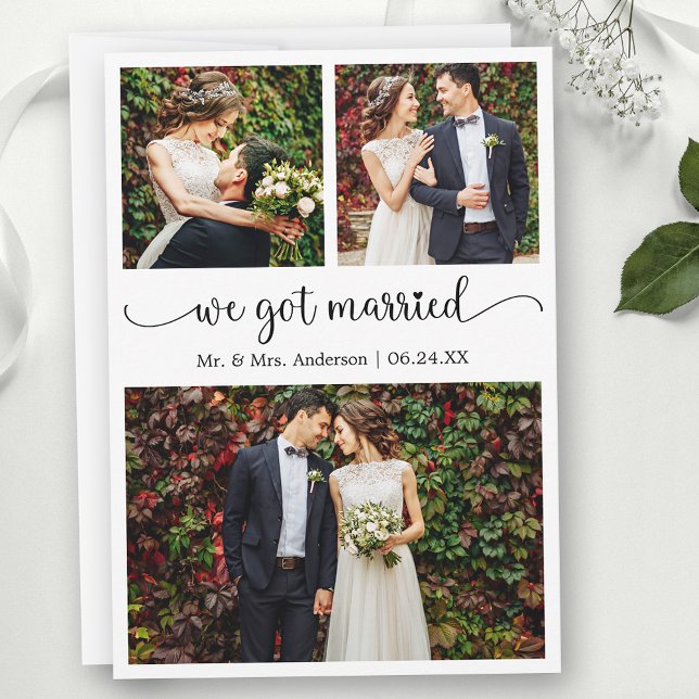 We Got Married Heart Calligraphy 3 Photos Wedding Ankündigung (Customize to change your personalized text size, text style or to add text to back of card.)