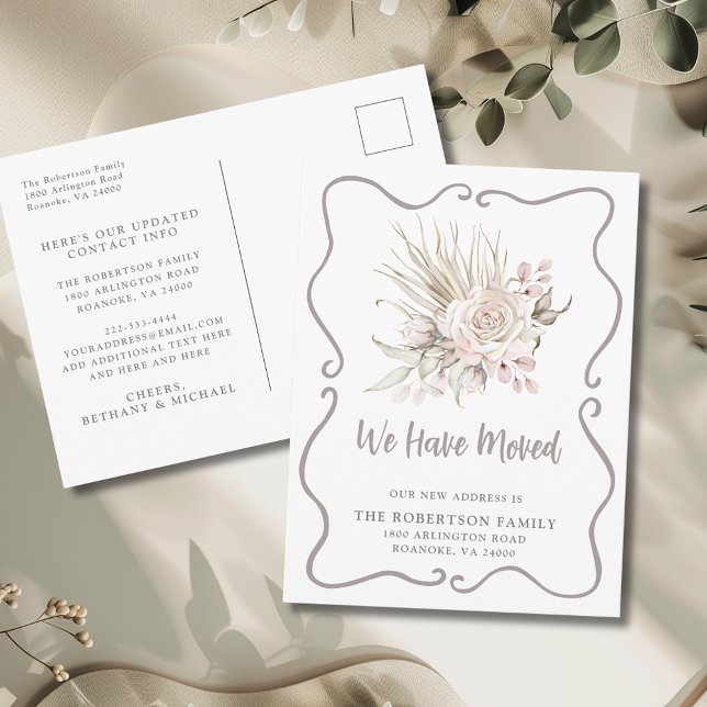 We Have Moved Boho Blush Roses New Address Postkarte (We Have Moved Boho Blush Pink Roses and Eucalyptus New Address Postcard)