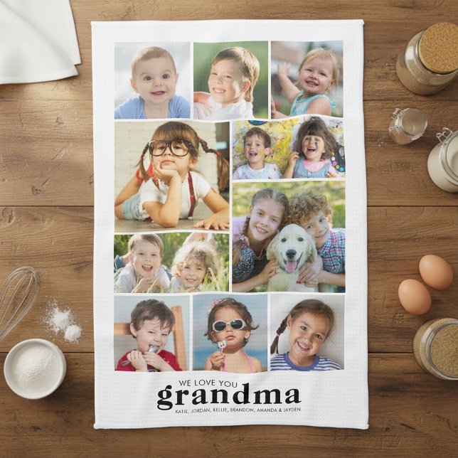 We Love You Grandma 10 Photo Collage Names Modern Geschirrtuch (Von Creator hochgeladen)