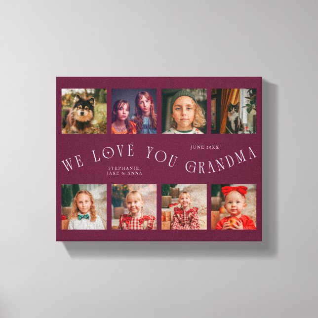 We Love You Grandma | 8 Photo Grid Cranberry Leinwanddruck (Vorderseite)