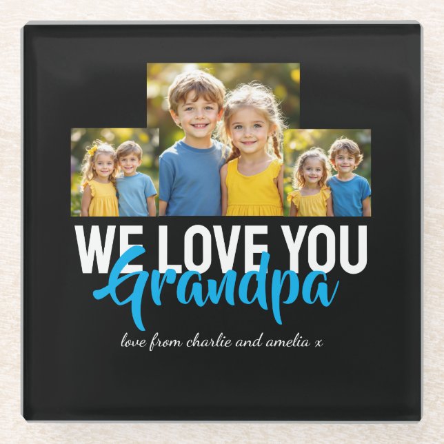 WE LOVE YOU Grandpa Photo Collage Blue Script Glasuntersetzer (Vorderseite)