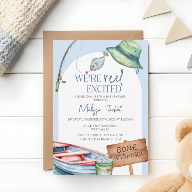 We’re Reel Excited, fishing-themed baby shower  Einladung (Von Creator hochgeladen)