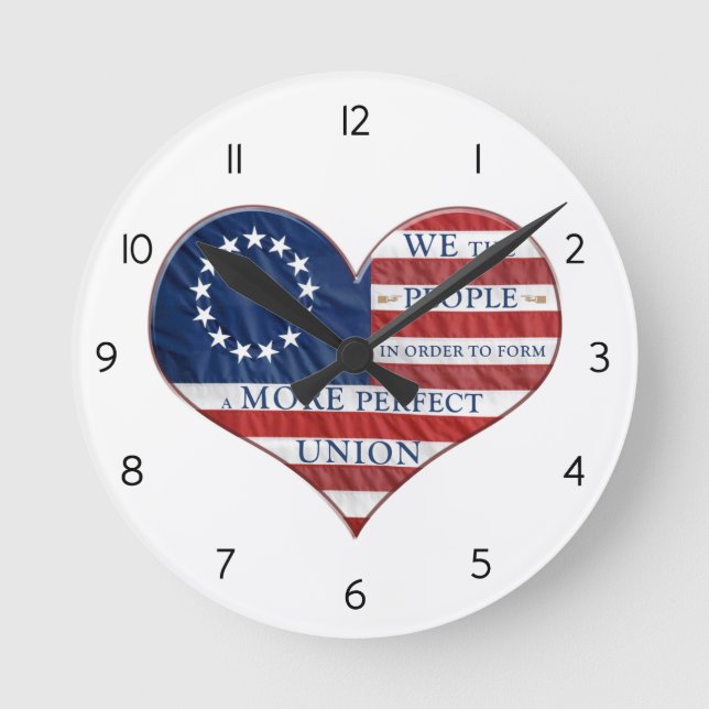 We The People American Flag Heart Round Clock Runde Wanduhr (Vorderseite)