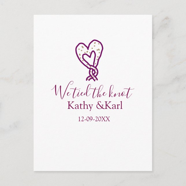 We tied the knot pink heart knots name date romant postkarte (Vorderseite)