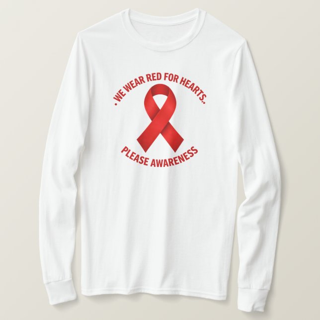 We Wear Red for Hearts – Red Ribbon Awareness T-Shirt (Design vorne)