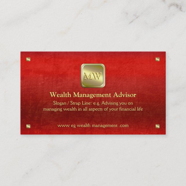 Wealth Advisor, Goldene Typenschild, rotes Lederlo Visitenkarte (Vorderseite)