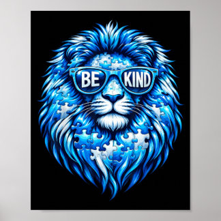 Wear Blue Autism Awareness Puzzle Lion Be Kind Men Poster