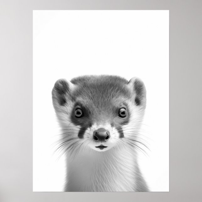 Weasel Woodland Modernes Portrait Schwarz-weiß Poster (Vorne)