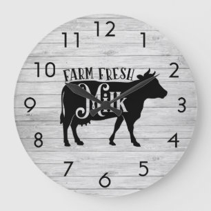 Weathered Barnboards Cow Silhouette Fresh Milk Große Wanduhr
