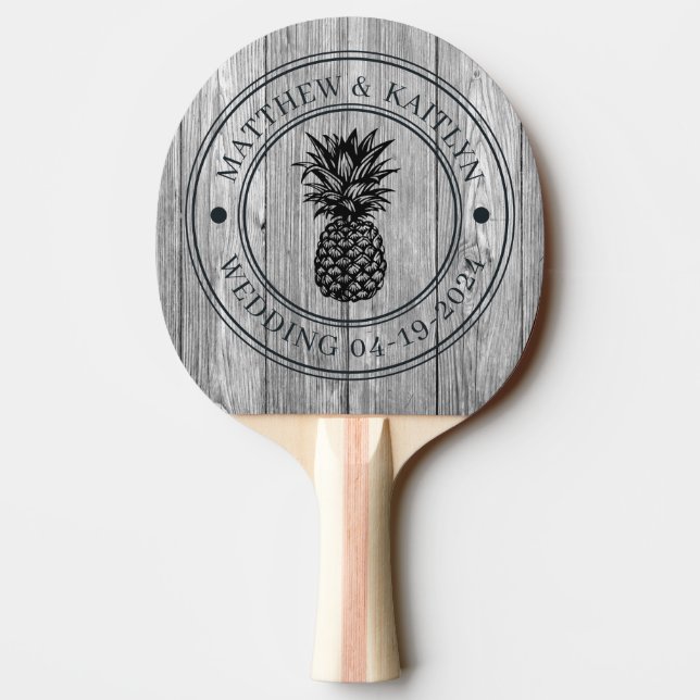 Weathered Dark Gray Pineapple Wedding Crest & Name Tischtennis Schläger (Rückseite)