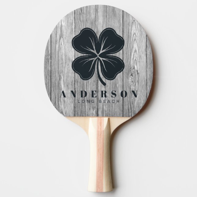 Weathered Dark Gray Wood Four Leaf Clover withName Tischtennis Schläger (Rückseite)