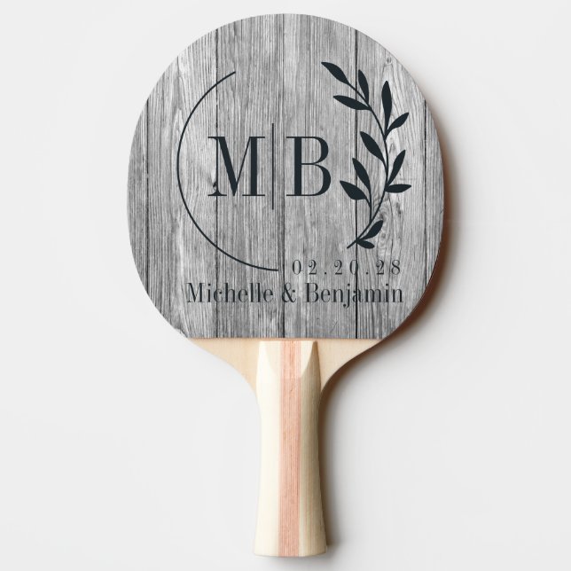 Weathered Dark Gray Wooden Leaf Wedding Monogram Tischtennis Schläger (Rückseite)