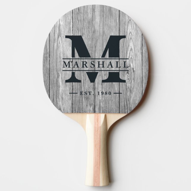 Weathered Dark Gray Wooden Monogram & Name Overlay Tischtennis Schläger (Rückseite)