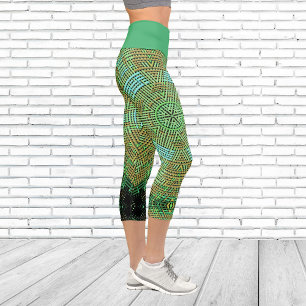 Weave Mandala Green und Orange Capri Leggings