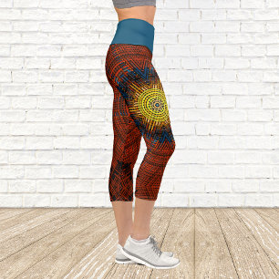 Weave Mandala Orange Gelb und Blau Capri Leggings