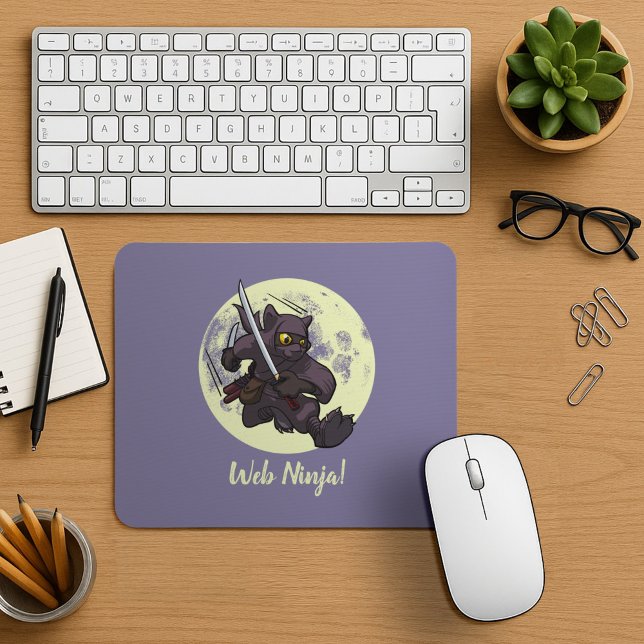 Web Ninja Jumping Black Cat Ninja Katana Cartoon Mousepad (Von Creator hochgeladen)