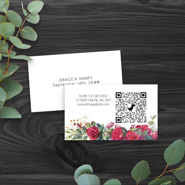 Website für Hochzeiten von UAWG QR-Code-Rote Rosen Begleitkarte (Romantic floral qr code wedding website card from my Red Rose and Eucalyptus Wedding Collection)