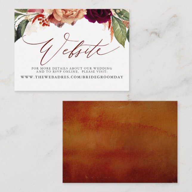 Website-Karte von Burgundy Red Orange Floral Weddi Visitenkarte (Vorne/Hinten)
