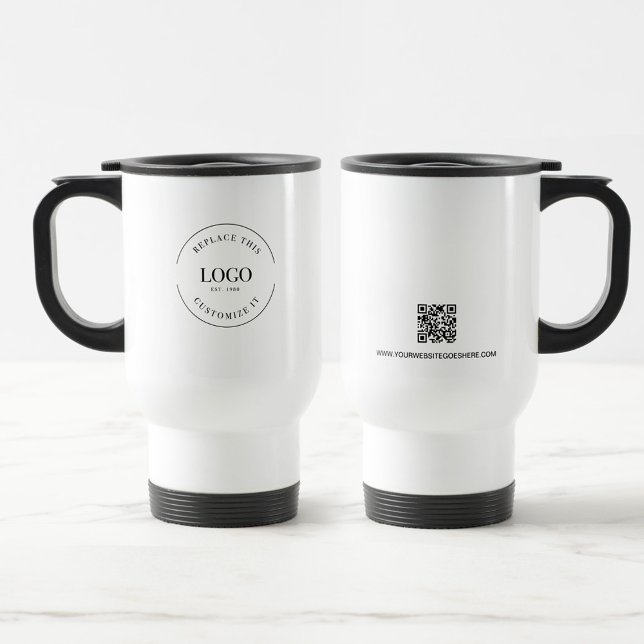 Website mit dem Logo für die Werbeaktion mit QR-Co Reisebecher (Simple business custom logo, website and QR code travel mug. )