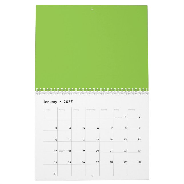 Website mit grünem Hintergrund und weißer Grenze Kalender (Jan 2027)