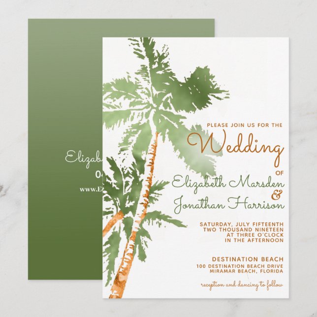 Website Tropical Green Gold Palm Trees Hochzeit Einladung (Vorne/Hinten)