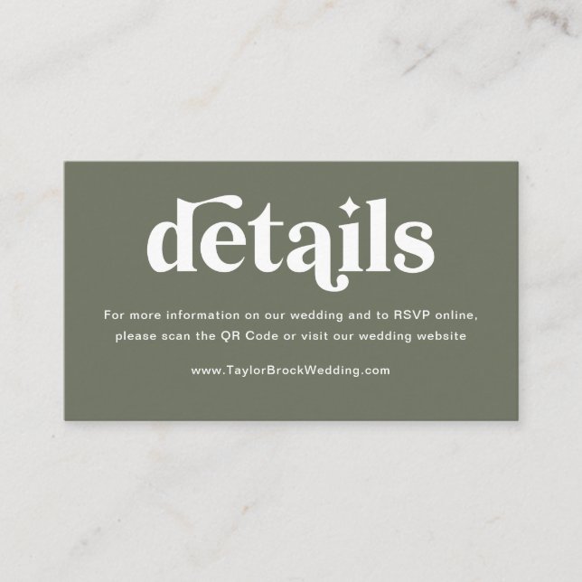 Website von Boho Retro Sage Green Wedding Begleitkarte (Vorderseite)