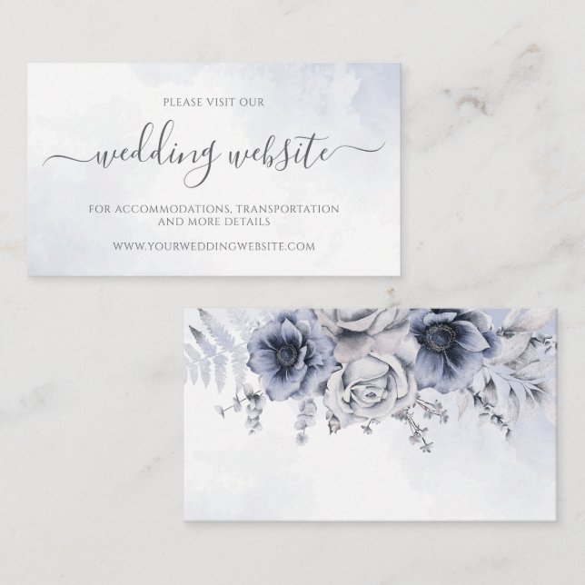 Website von Dusty Blue and Navy Floral Elegant Wed Begleitkarte (Vorne/Hinten)