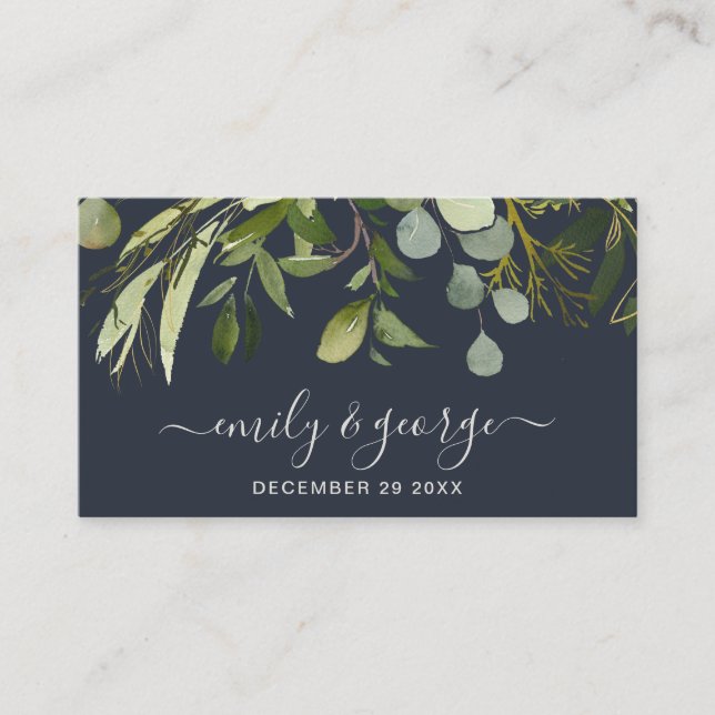 WEBSITE VON NAVY GREEN FOLIAGE WATERCOLOR WEDING U VISITENKARTE (Vorderseite)