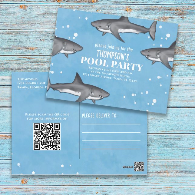 Website "Whimsical Pool Party Sharks QR Code" Postkarte (Von Creator hochgeladen)