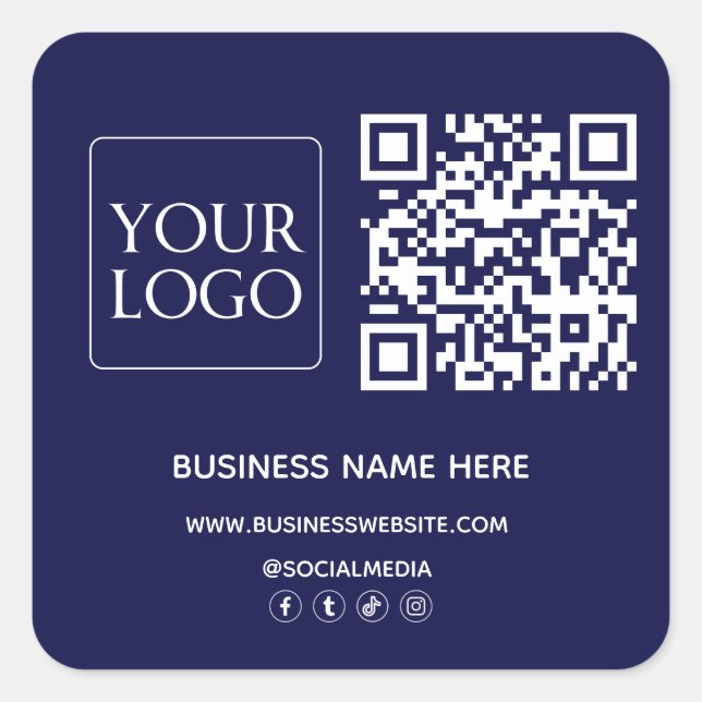 Website zum dunklen Navy Blue QR Code Business-Log Quadratischer Aufkleber (Vorderseite)