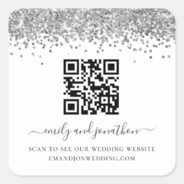 Website zum Hochzeitssehen von Silver Glitzer QR C Quadratischer Aufkleber