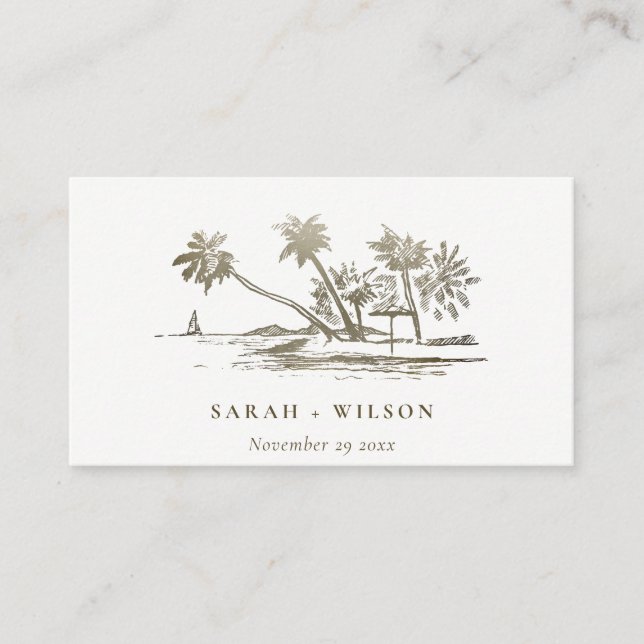 Website zum Tropical Beach Palm Sketch Gold Weddin Begleitkarte (Vorderseite)