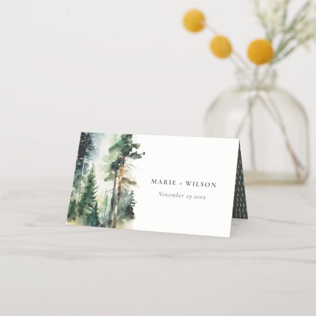 Website zur Hochzeit von Chic Watercolor Woodland  Platzkarte (Vorderseite)
